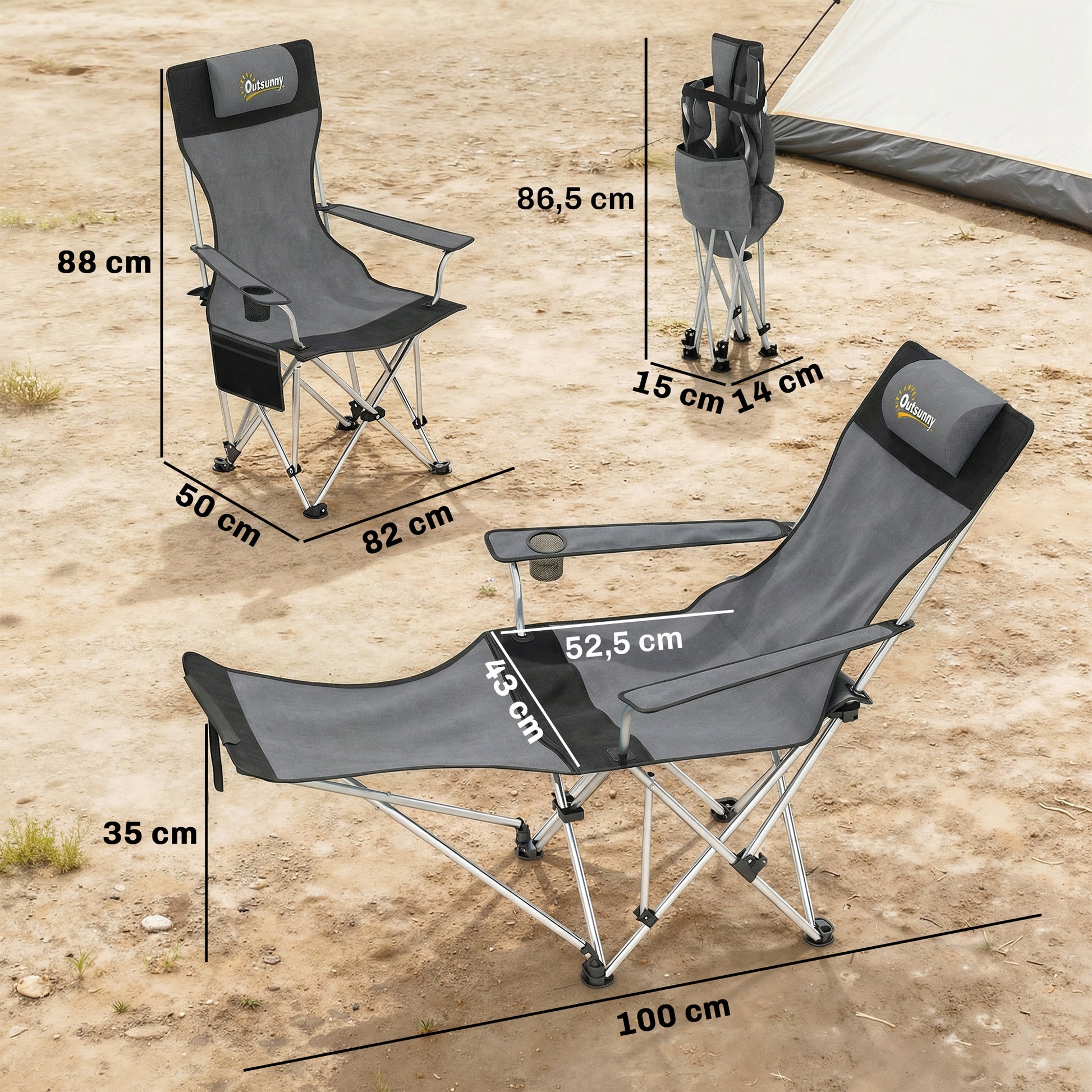 Outsunny Conjunto De 2 Sillas Plegables Camping Con Reposapiés Desmontable Gris_2