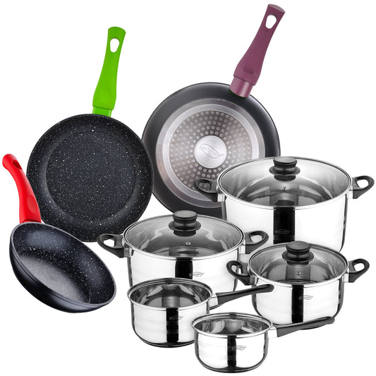Bateria De Cocina 8 Piezas San Ignacio En Acero Inoxidable Con Juego De Sartenes (18,22 Y 26 Cm) En Aluminio Prensado Colección Jolie_0