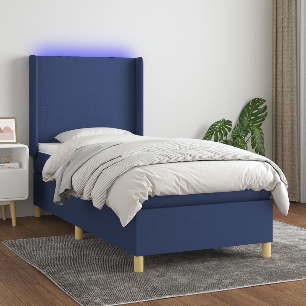 Cama Box Spring Colchón Y Luces Led Tela Azul 90x200 Cm / Vetonek_3