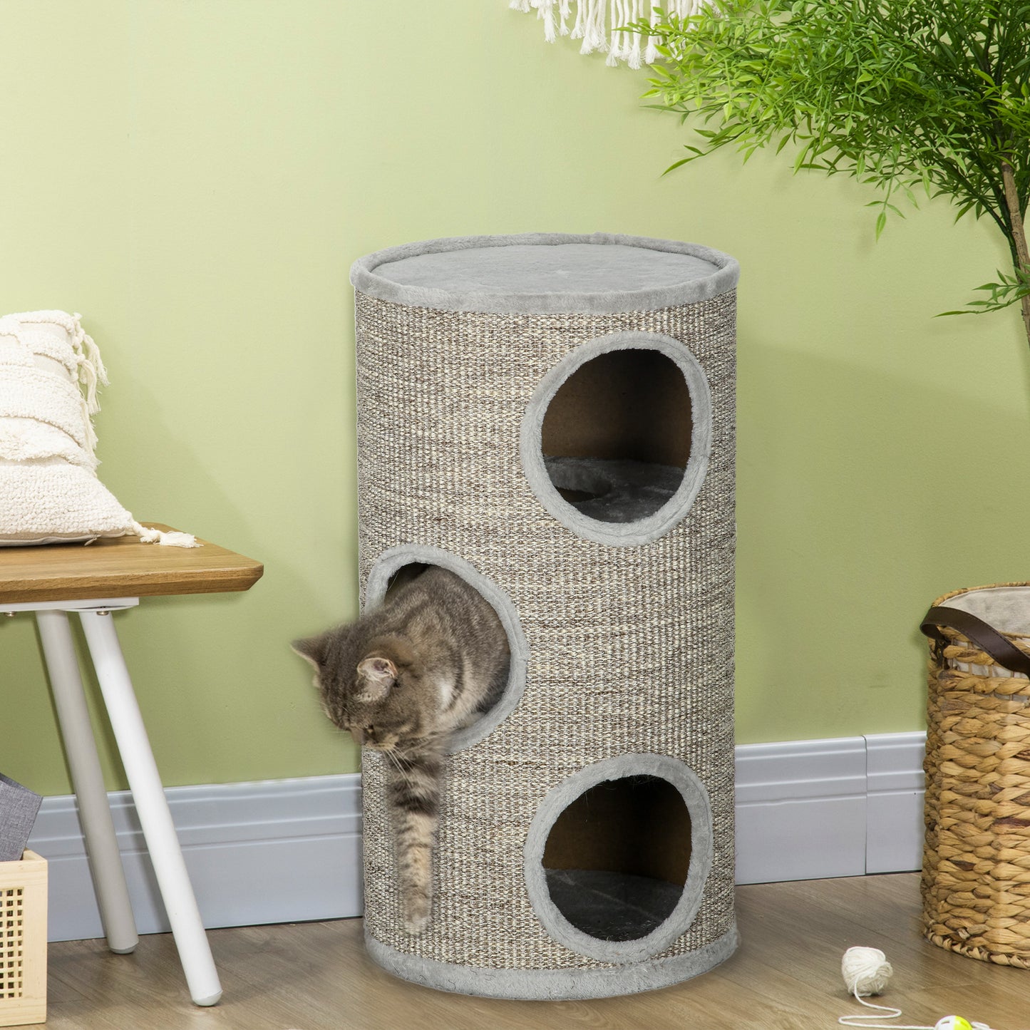 Pawhut Barril Rascador Para Gatos De 3 Niveles Ø38x70 Cm Gris Claro_4