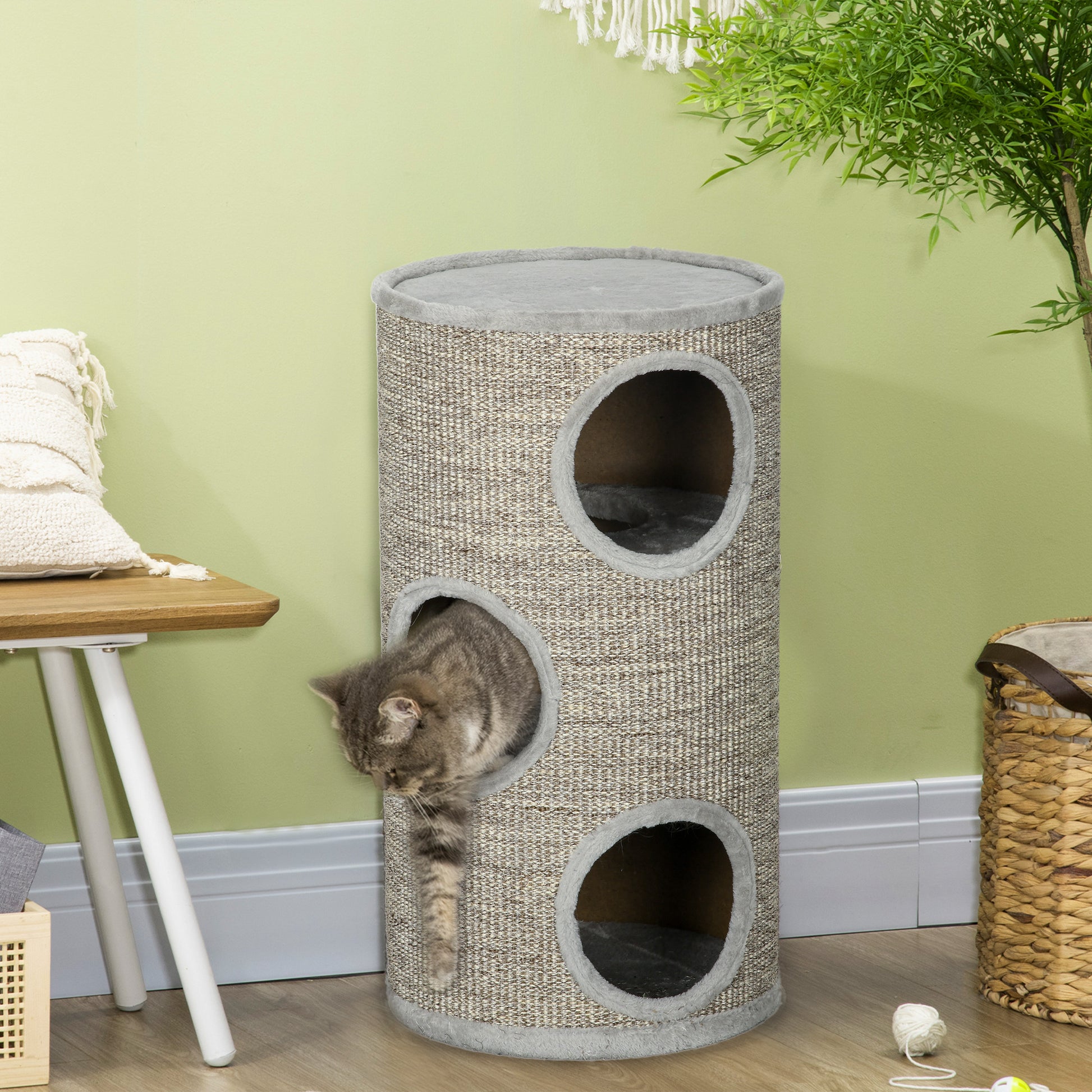 Pawhut Barril Rascador Para Gatos De 3 Niveles Ø38x70 Cm Gris Claro_4