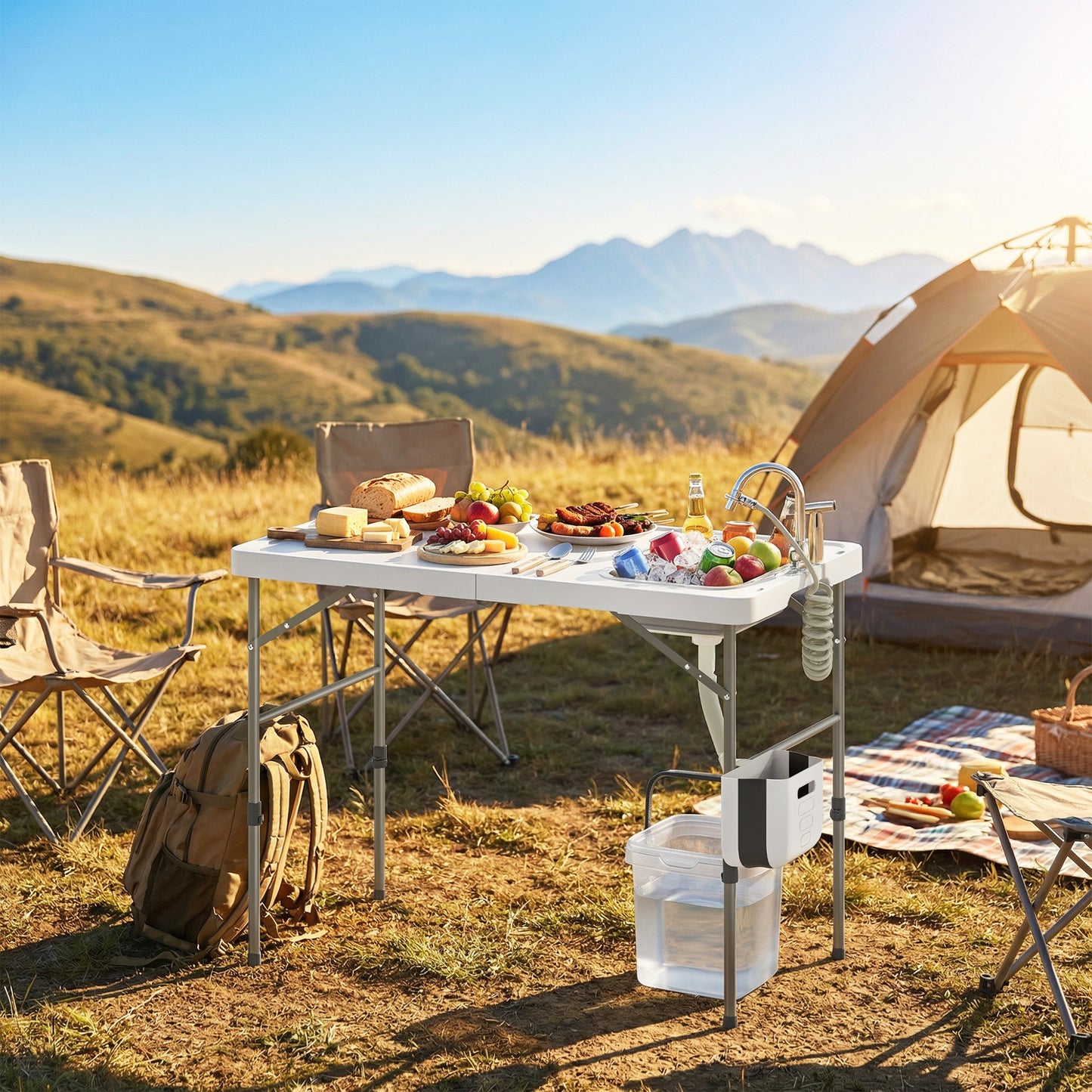 Outsunny Mesa Plegable Camping Con Fregadero Y Altura Regulable_4