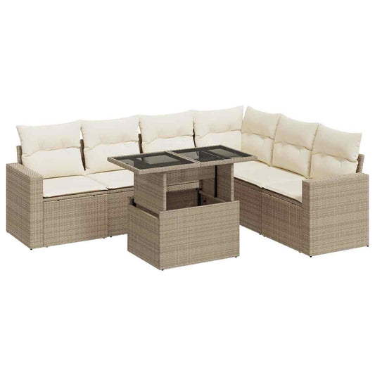 Set Sofás De Jardín 7 Piezas Y Cojines Ratán Sintético Beige / Vetonek_0