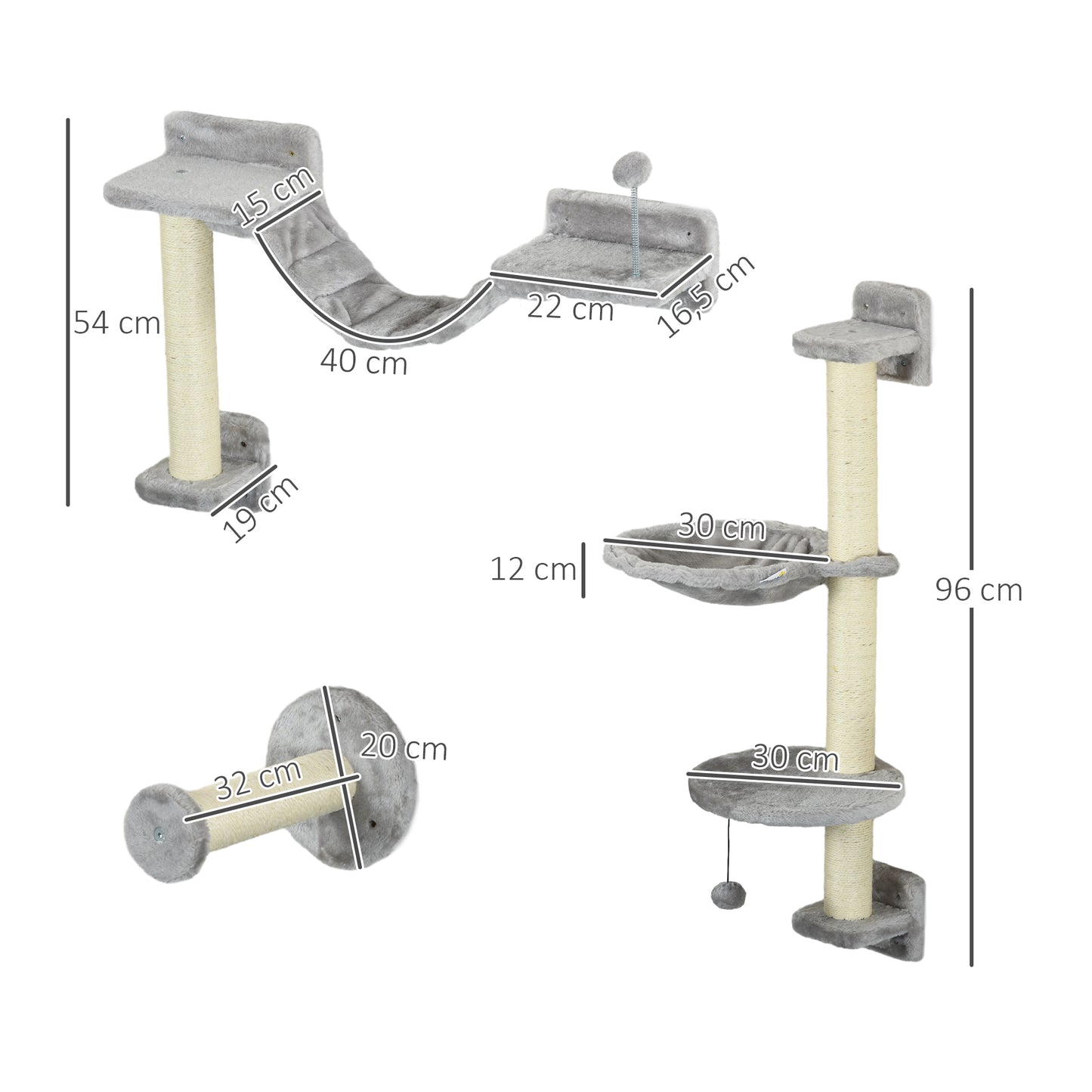 Pawhut Estante De Escalada Para Gatos De Pared Con Hamaca Bola Gris Y Beige_2