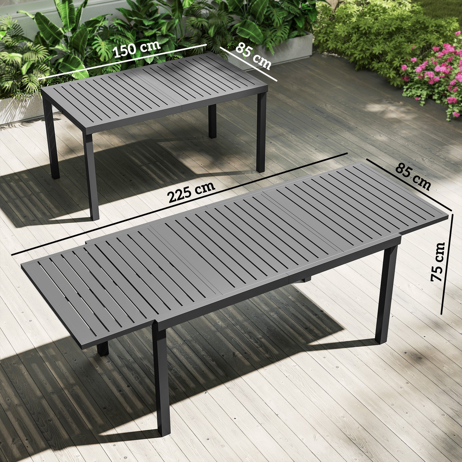 Outsunny Mesa De Jardín Extensible De Aluminio 150/225x85x75 Cm Gris Oscuro_2