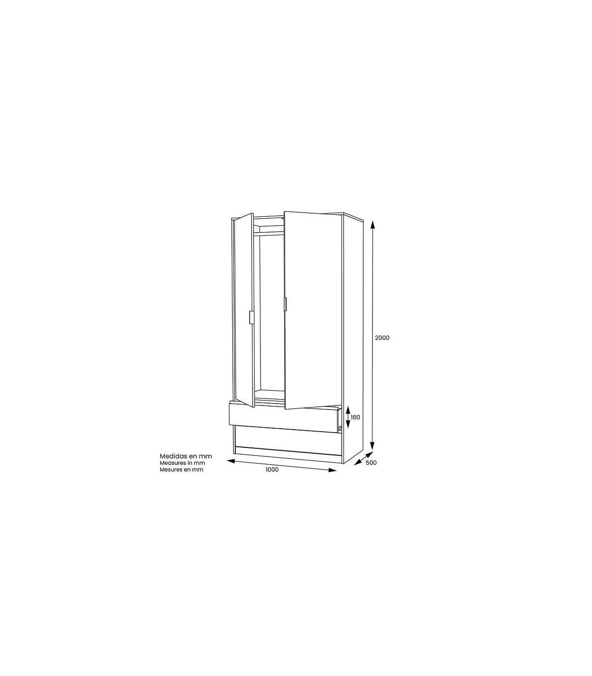 Armario 2 Puertas 2 Cajones Abatibles Acabado Roble Cortez/blanco 200 Cm(alto)100 Cm(ancho_4