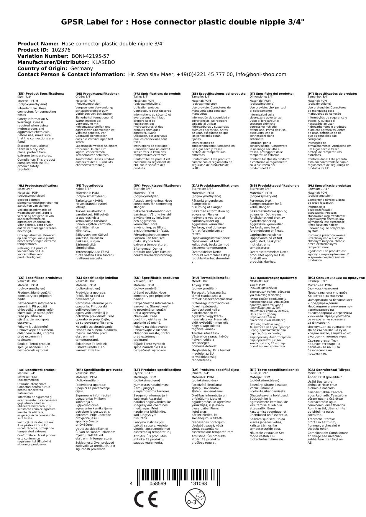 Conector De Manguera De Plástico Doppelnippel 3/4