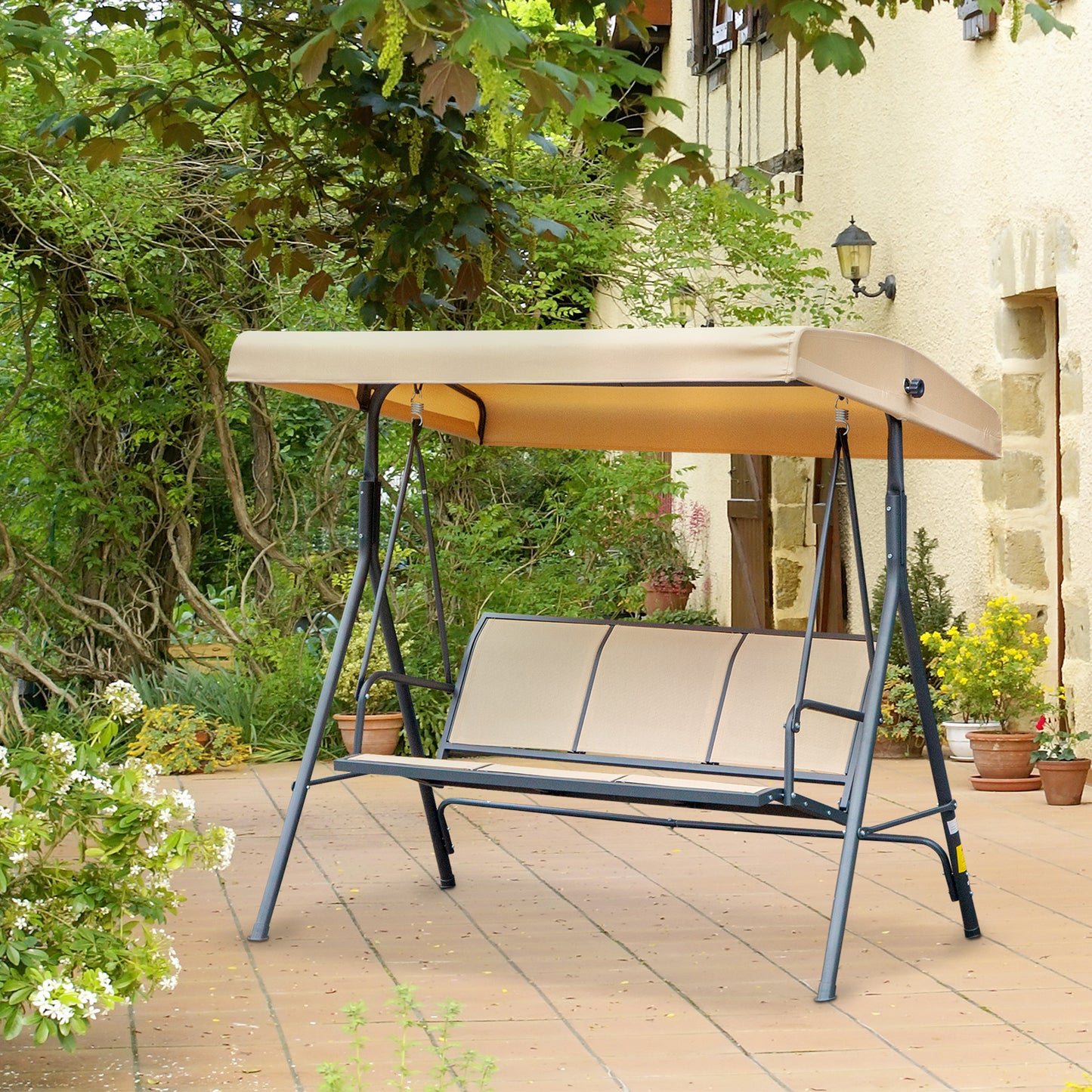 Outsunny Columpio De Jardín De 3 Plazas Techo Ajustable 175x118x159 Cm Beige_1