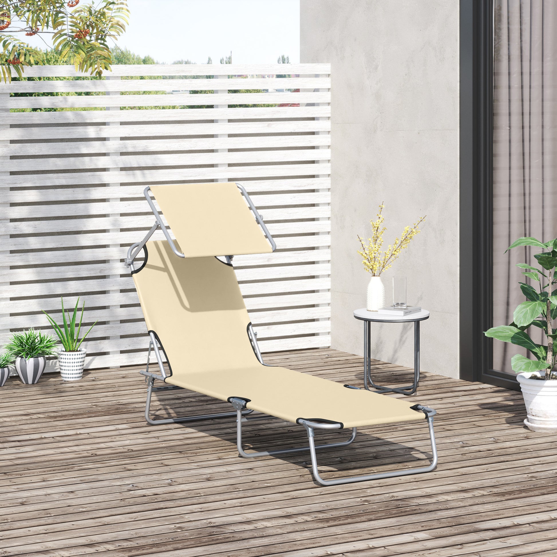 Outsunny Tumbona De Jardín Plegable Con Toldo Desmontable 187x58x36cm Beige_1