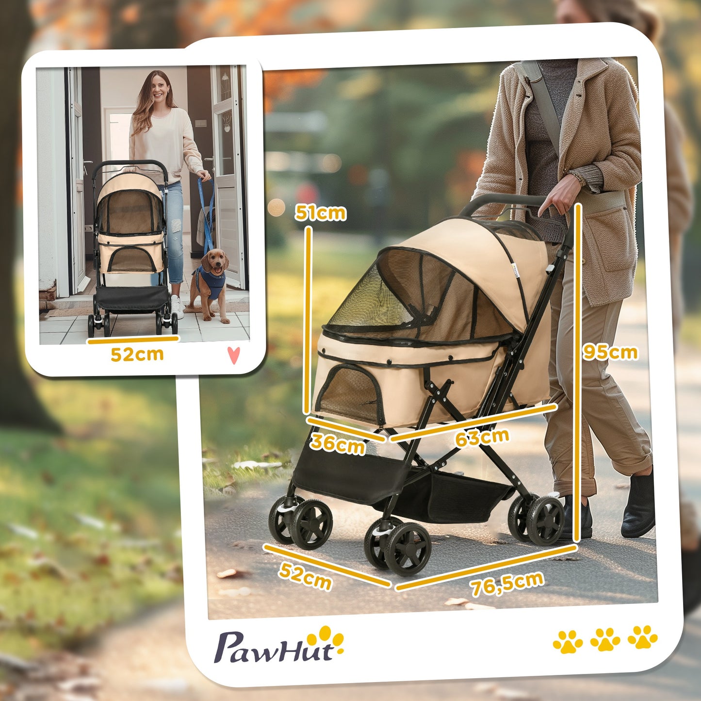 Pawhut Cochecito Para Mascotas Plegable Con Mango Reversible 76,5x52x95cm Marrón_2