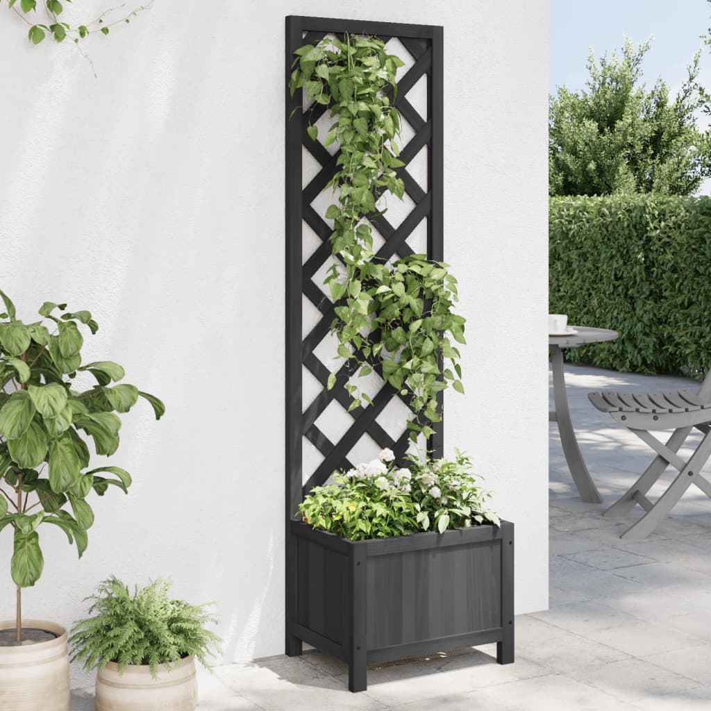 Jardinera Con Enrejado Negro 40x30x135 Cm Madera Maciza De Abeto_1