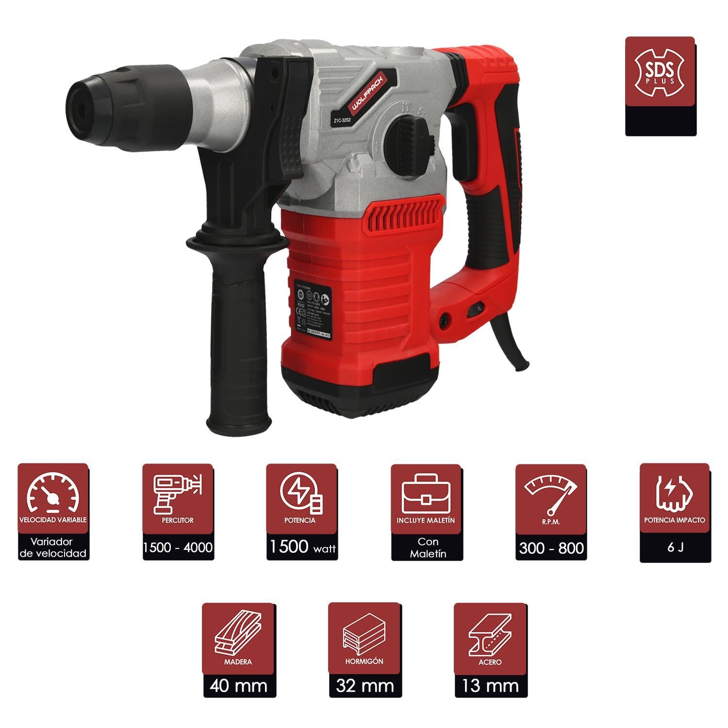 Martillo Demoledor Perforador Sds Plus 1.500 Watt. Con Accesorios Y Maletin. 4.000 Ipm 6 Julios._1