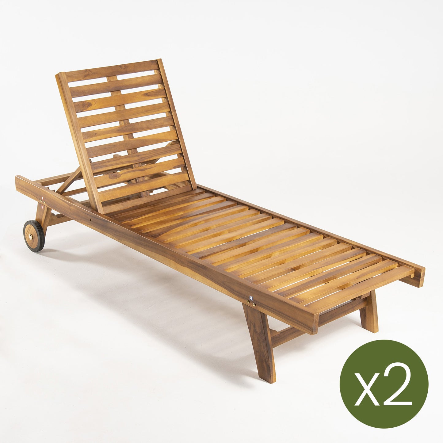 Pack 2 Tumbonas Para Jardín Con Ruedas, Reclinable, Madera Teca Grado A, Tamaño: 65x200x35 Cm, Tratamiento Al Agua Aplicado_2
