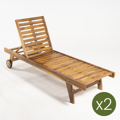 Pack 2 Tumbonas Para Jardín Con Ruedas, Reclinable, Madera Teca Grado A, Tamaño: 65x200x35 Cm, Tratamiento Al Agua Aplicado_2