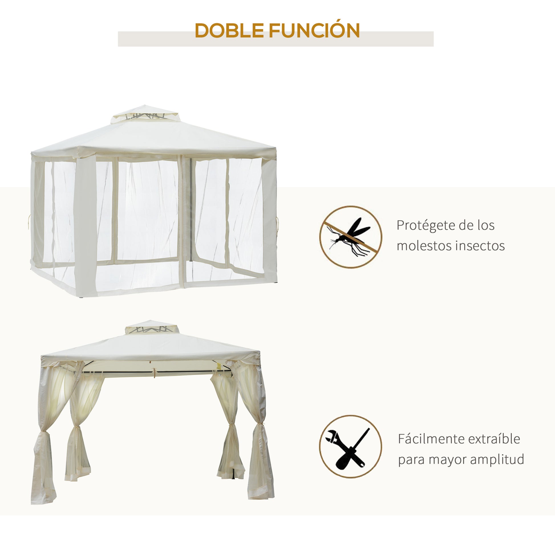 Outsunny Cenador De Jardín 3x3m Con Doble Techo 4 Cortinas Mosquiteras Crema_3