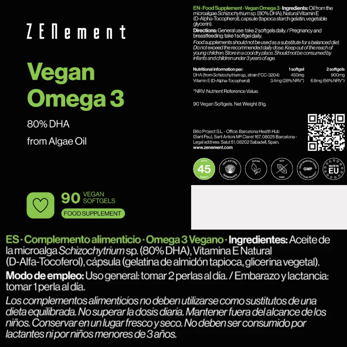 Omega 3 vegano 80% DHA de Aceite de Algas Zenement 90 perlas