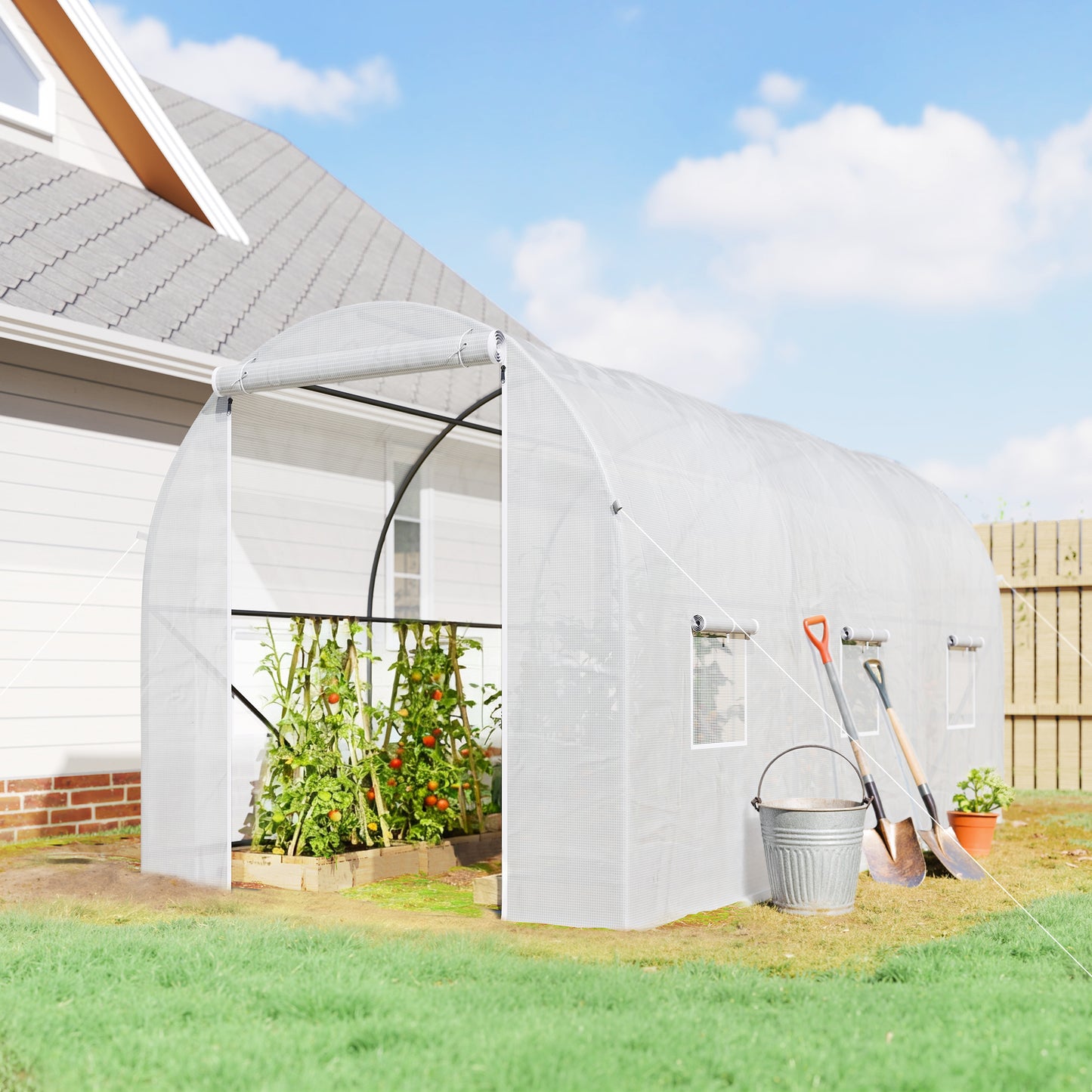 Outsunny Invernadero De Exterior 3,5x2x2 M Con 6 Ventanas De Malla Blanco_1