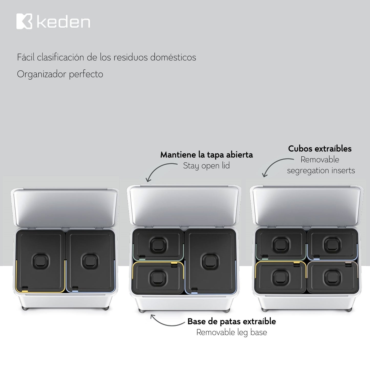 Sistema Clasificador De Reciclaje 2x10l + 1x23l Color Gris Keden_2