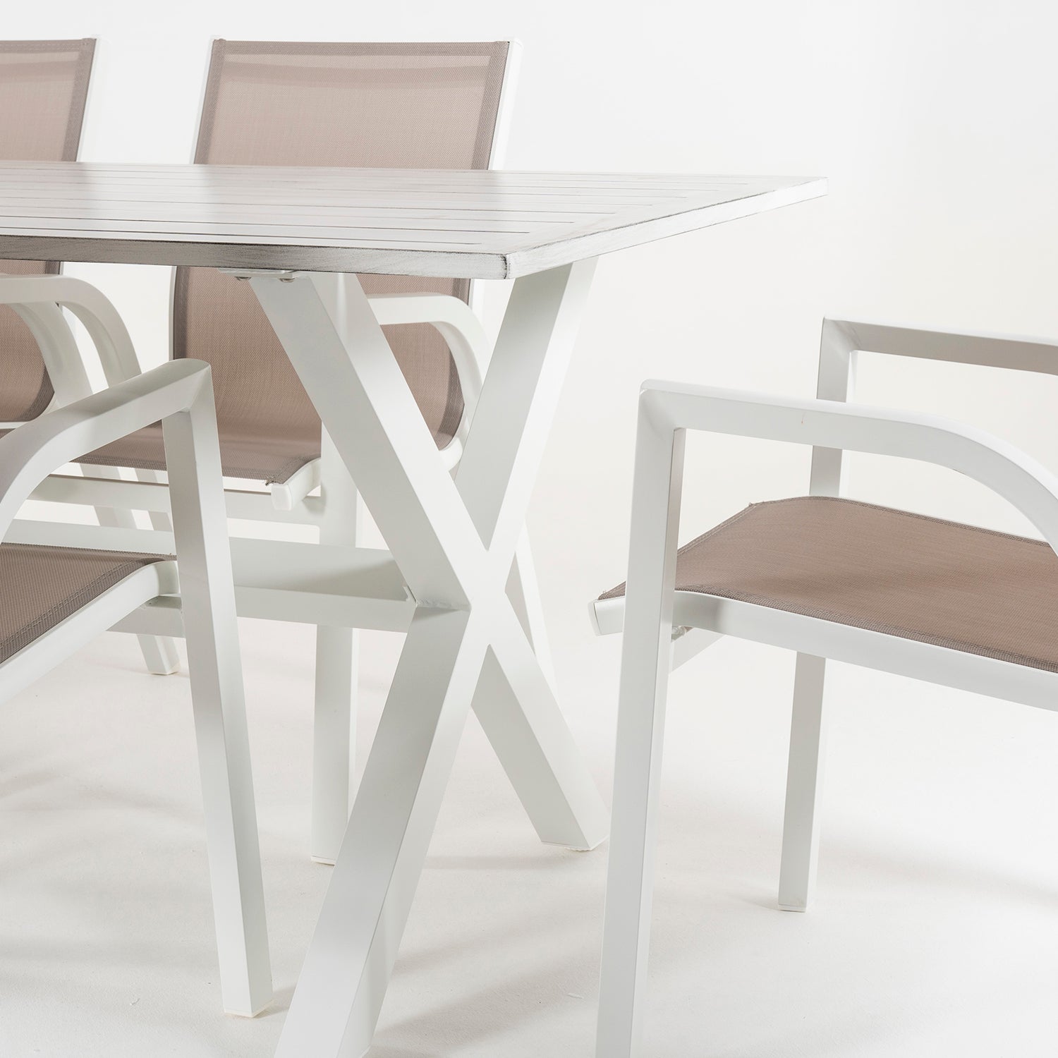 Conjunto Mesa De Jardin 190 Cm Con 6 Sillones Apilables, Aluminio Blanco, Textilene Taupé, 6 Plazas_4