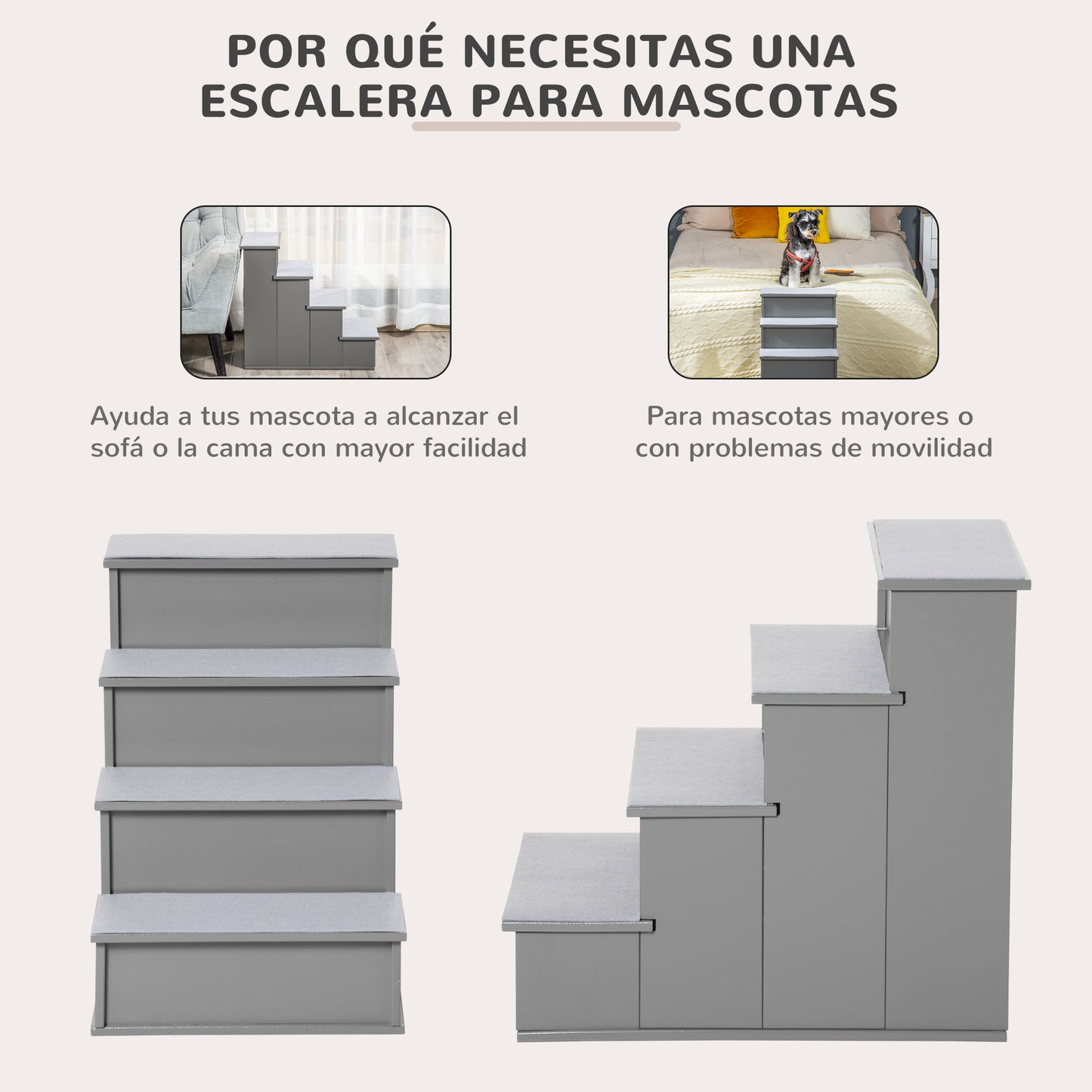 Pawhut Escalera Para Perros De 4 Peldaños Con Acolchados 40x59x54,2 Cm Gris_4