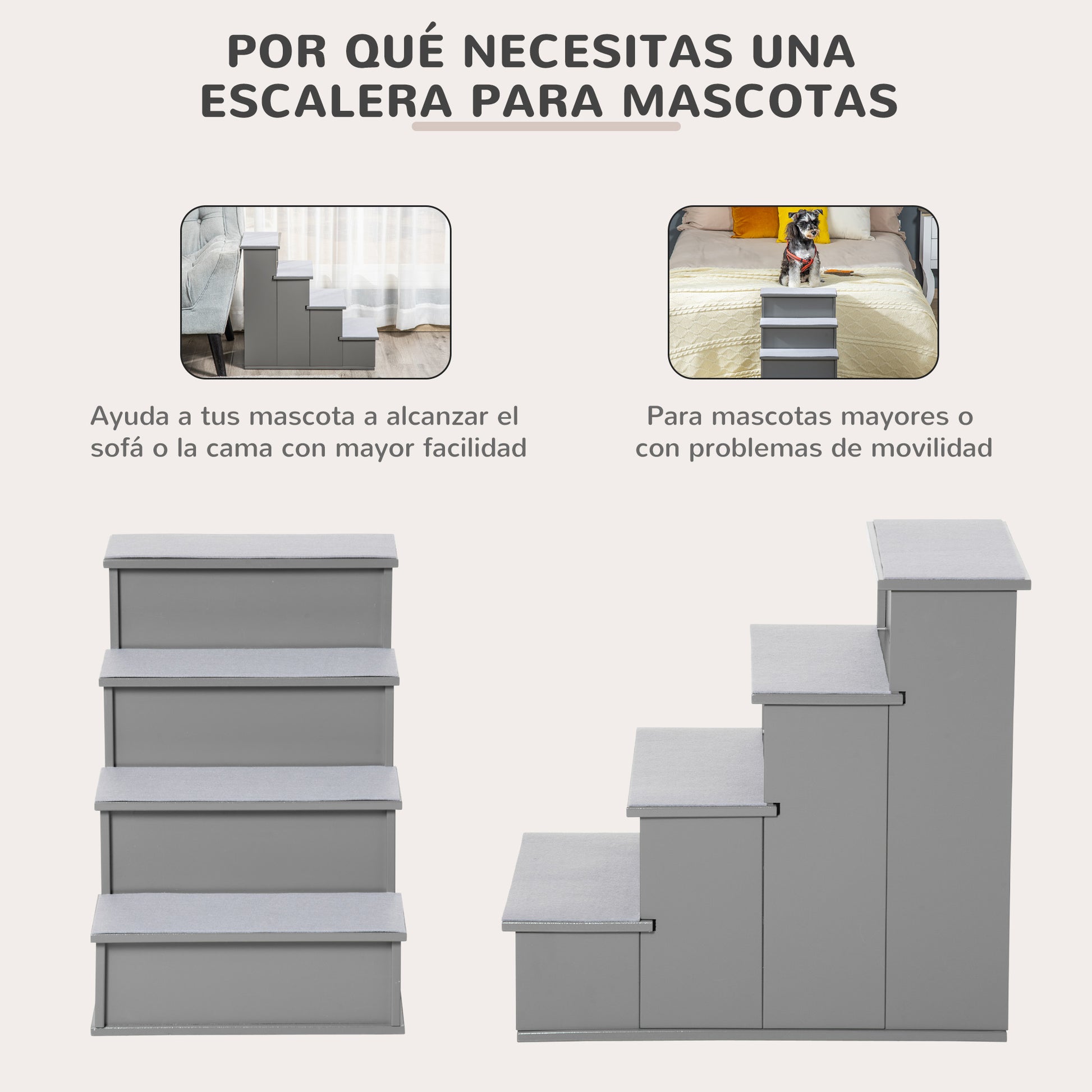 Pawhut Escalera Para Perros De 4 Peldaños Con Acolchados 40x59x54,2 Cm Gris_4