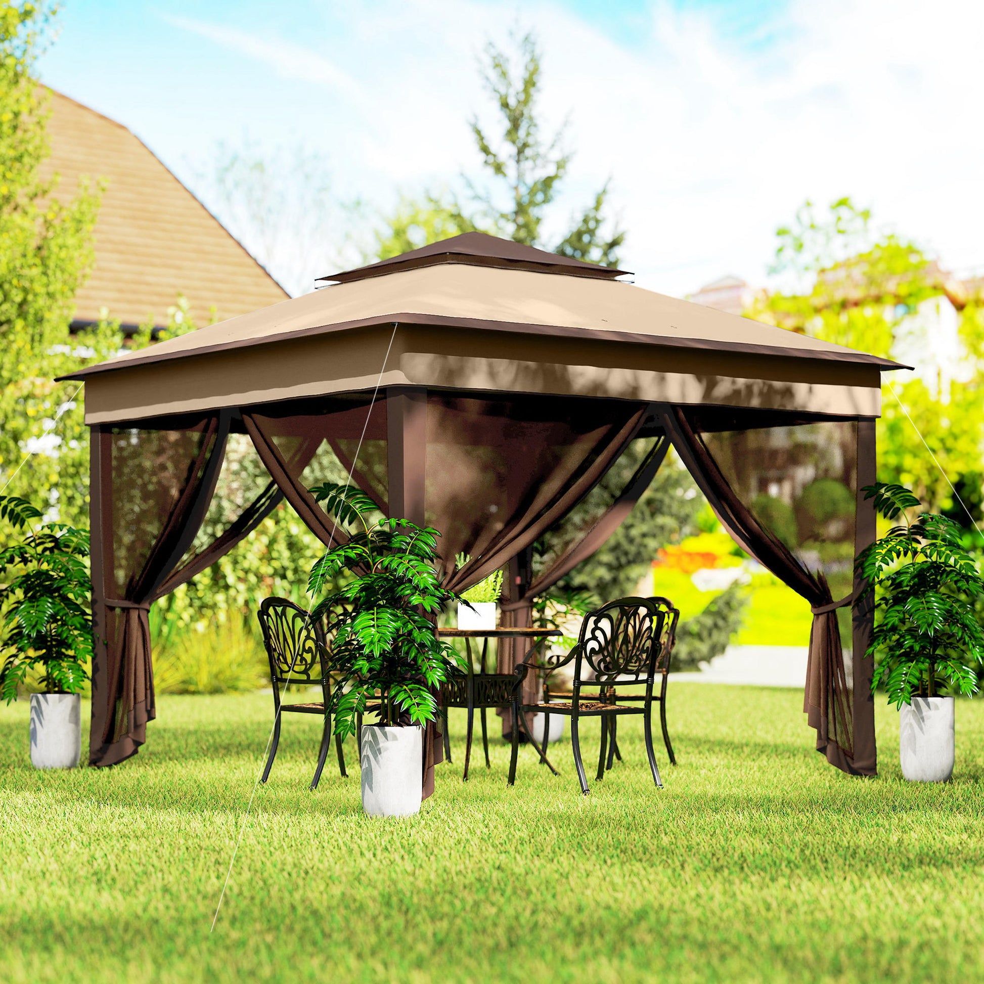 Outsunny Carpa Plegable 3,26x3,26x2,72 M Con Doble Techo Altura Ajustable Beige_1