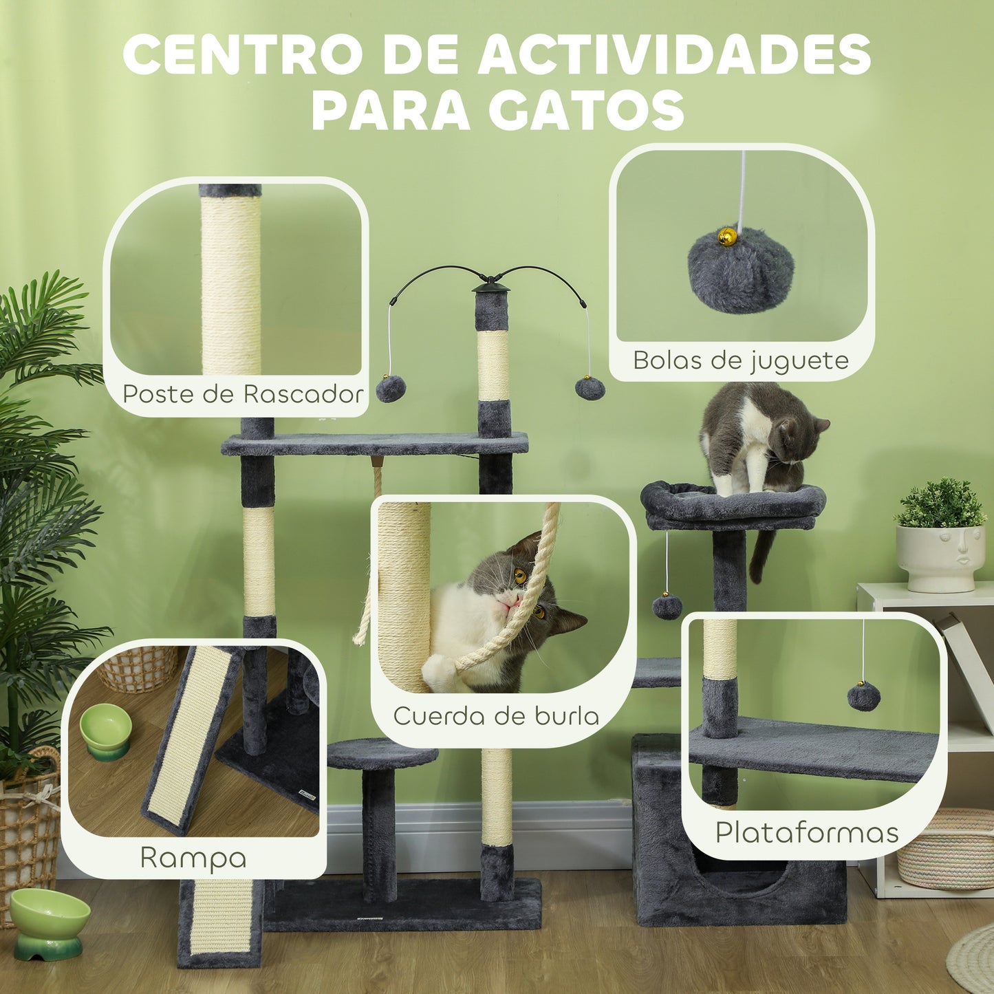 Pawhut Árbol Rascador Para Gatos 134 Cm Con Nidos Plataformas Gris Oscuro_3