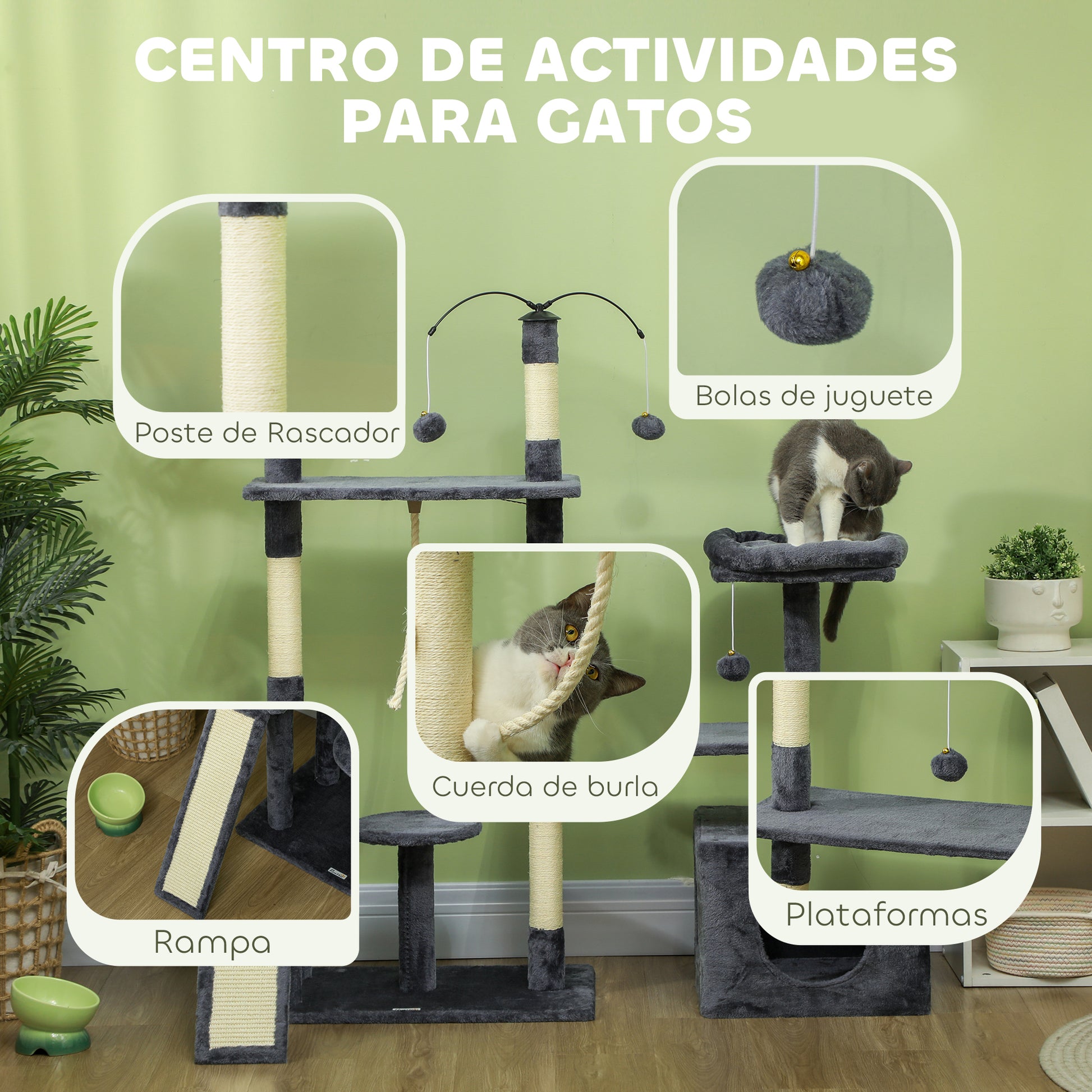 Pawhut Árbol Rascador Para Gatos 134 Cm Con Nidos Plataformas Gris Oscuro_3
