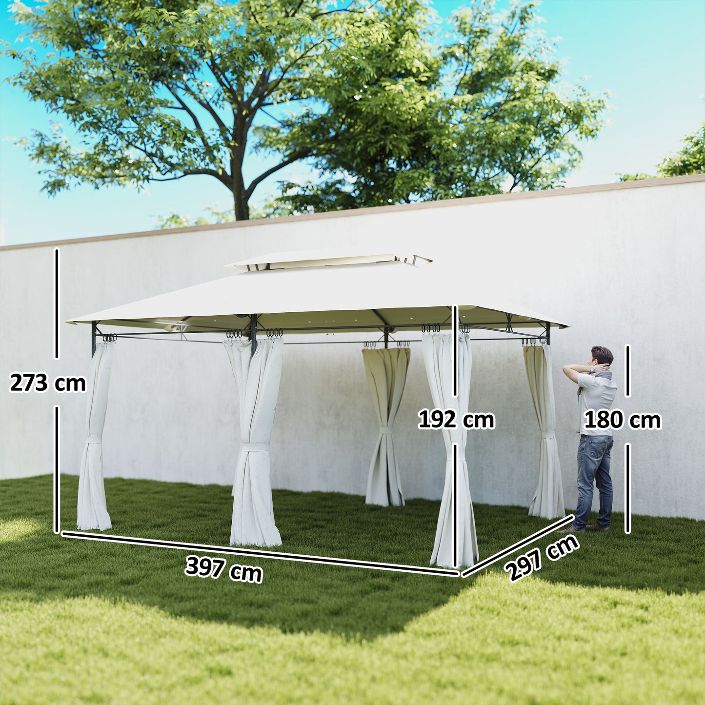 Outsunny Cenador Para Jardín 4x3 M Con Doble Techo Paredes Laterales Crema_2