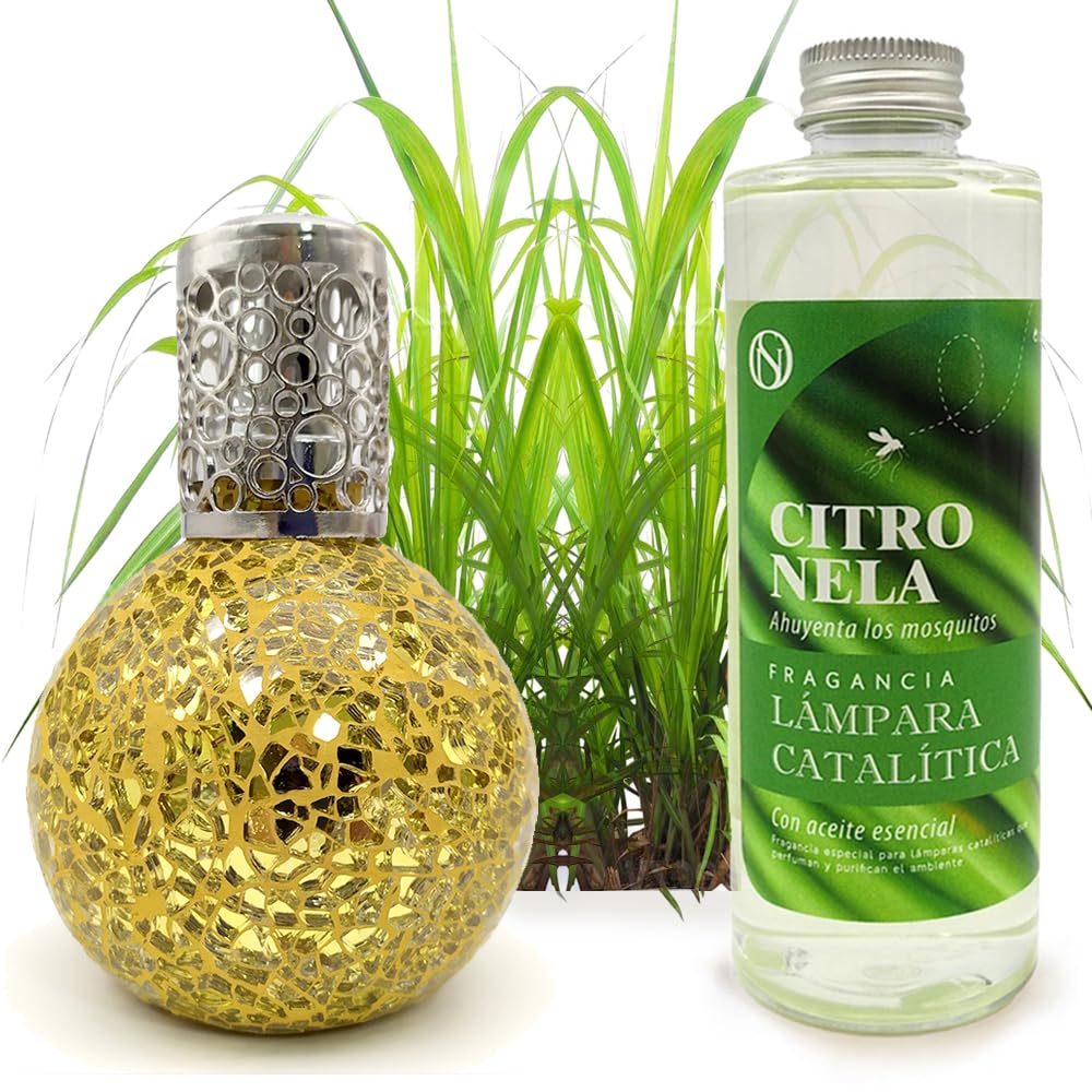 Lámpara Catalítica Mosaico Dorado + Aroma Citronela 500ml - Elimina Malos Olores, Perfuma Y Mejora La Calidad Del Aire_0