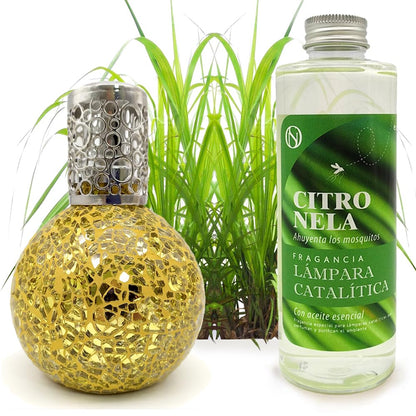 Lámpara Catalítica Mosaico Dorado + Aroma Citronela 500ml - Elimina Malos Olores, Perfuma Y Mejora La Calidad Del Aire_0