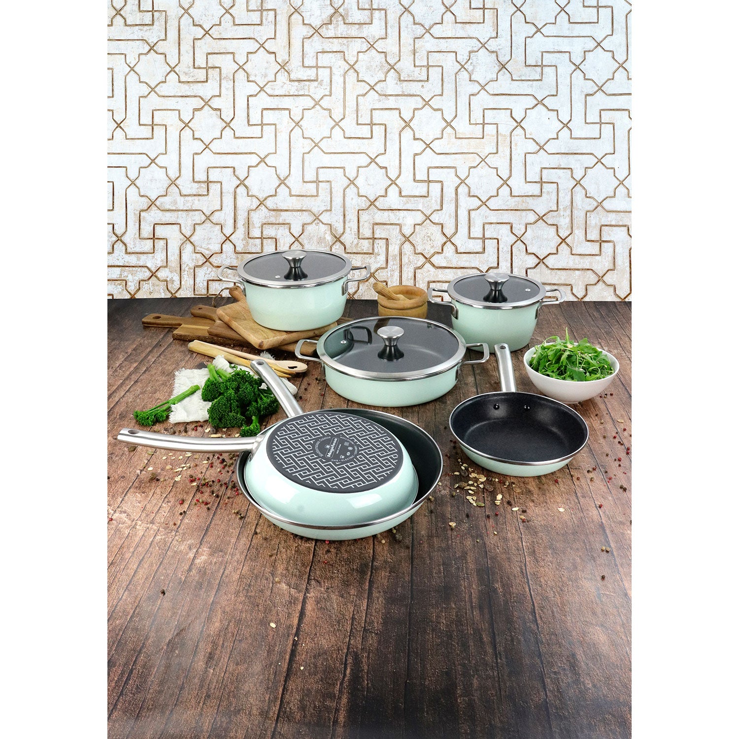 Batería Cocina Inducción 9 Piezas, Antiadherente Libre Pfoa Exterior Verde Menta Retro Vintage Magefesa Nordic, Verde_5