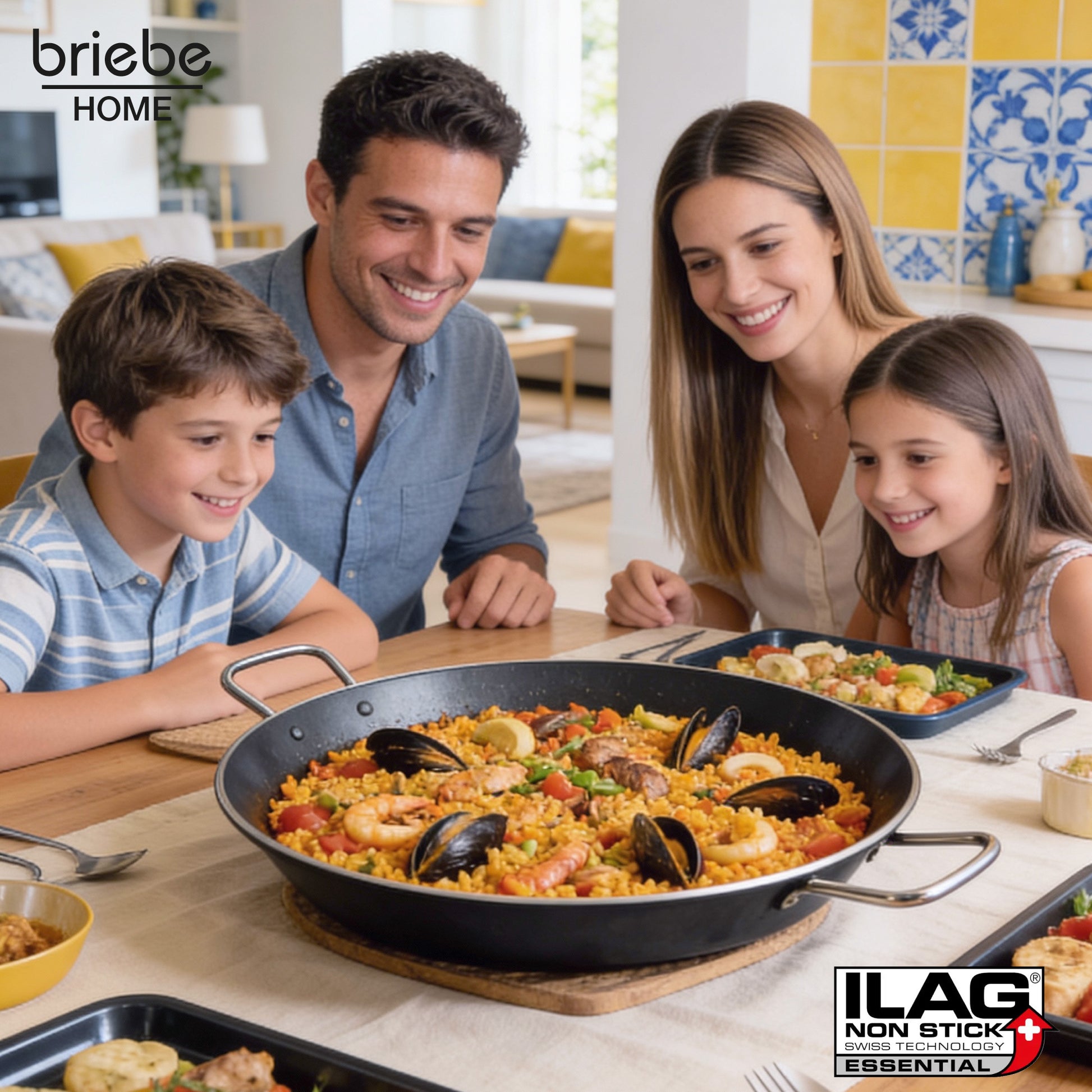 Briebe Paellera Inducción 38cm, 7-8 Raciones, Aluminio Prensado, Antiadherente Sin Pfoa, 3mm Espesor, Zafrán, Negro_1