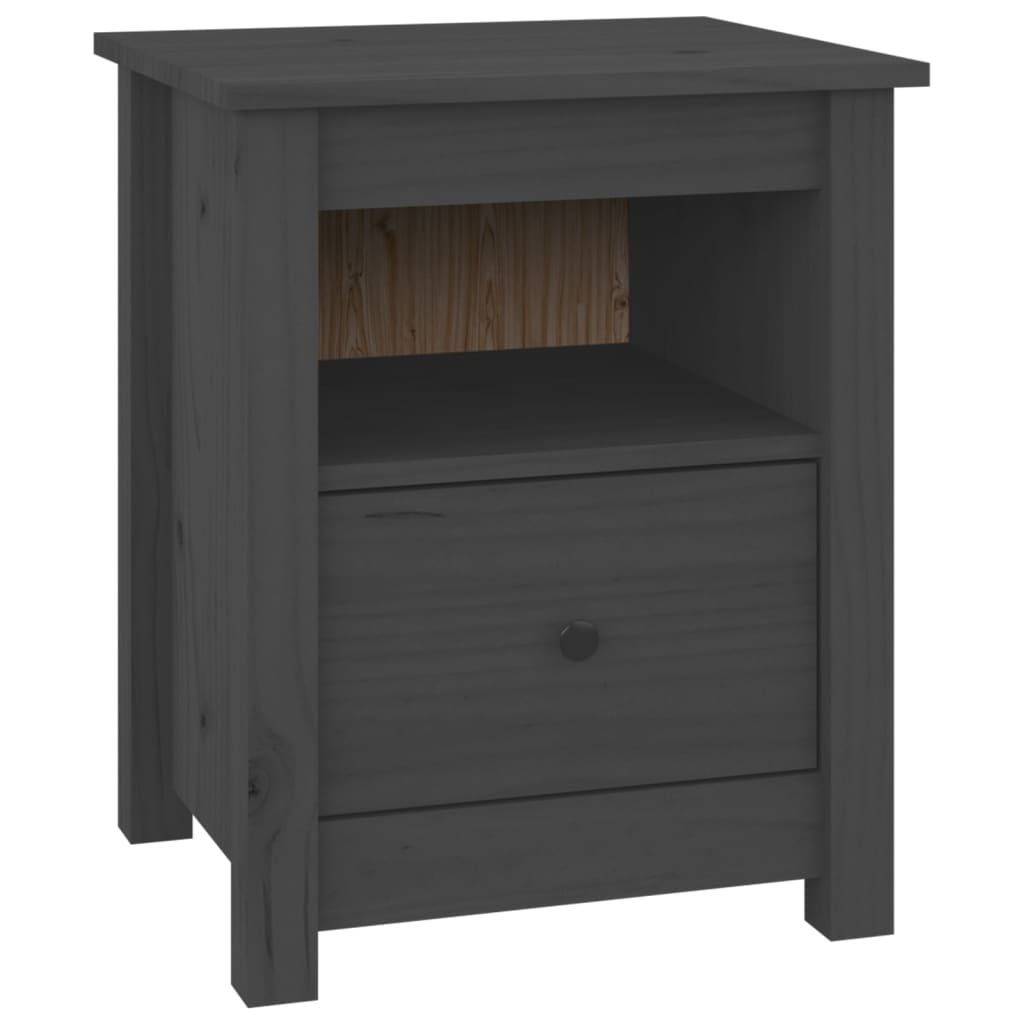 Mesita De Noche Madera Maciza De Pino Gris 40x35x49 Cm_0