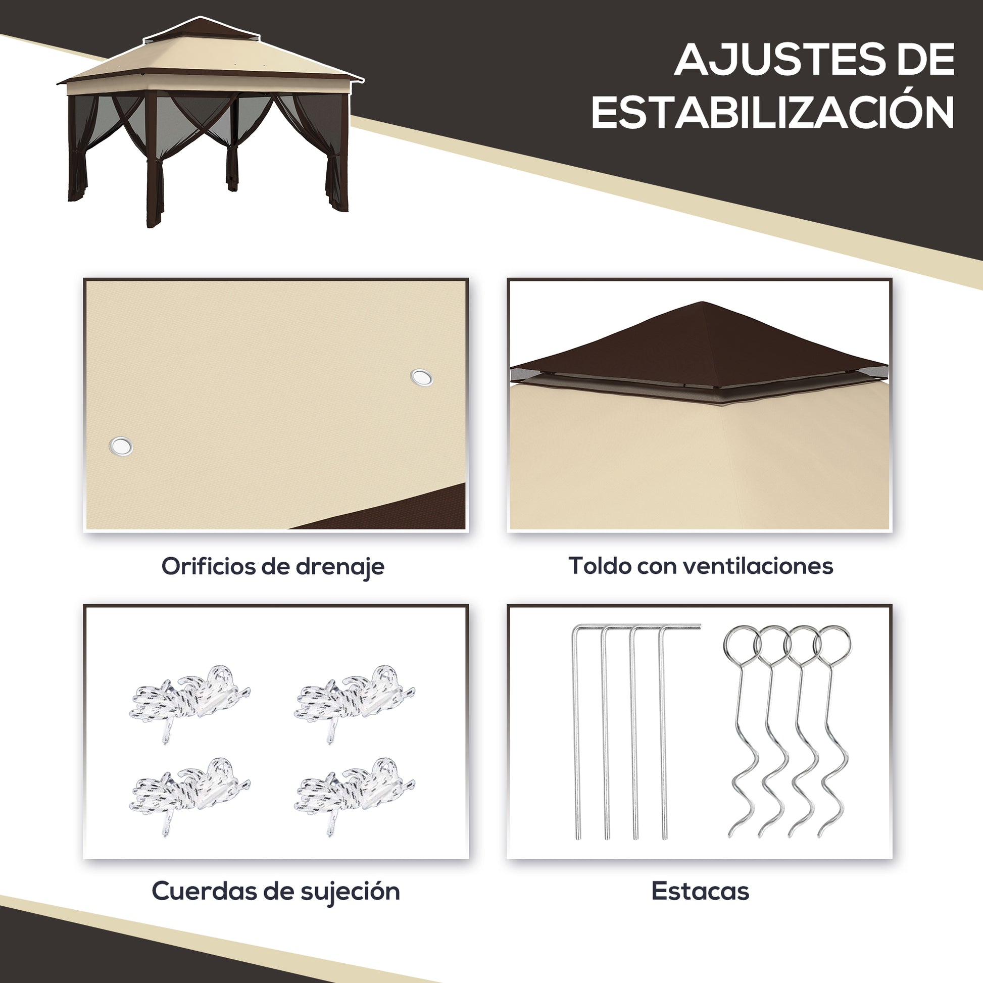 Outsunny Carpa Plegable 3,26x3,26x2,72 M Con Doble Techo Altura Ajustable Beige_5