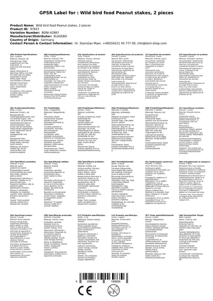 Comida Para Pájaros Silvestres - Barras De Cacahuete, 2 Unidades