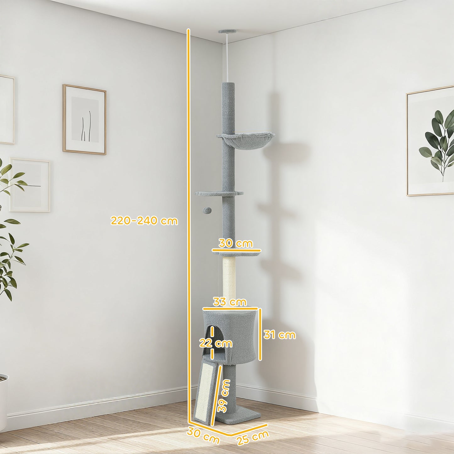 Pawhut Árbol Para Gatos De Suelo A Techo Altura Ajustable 220-240 Cm Gris Claro_2