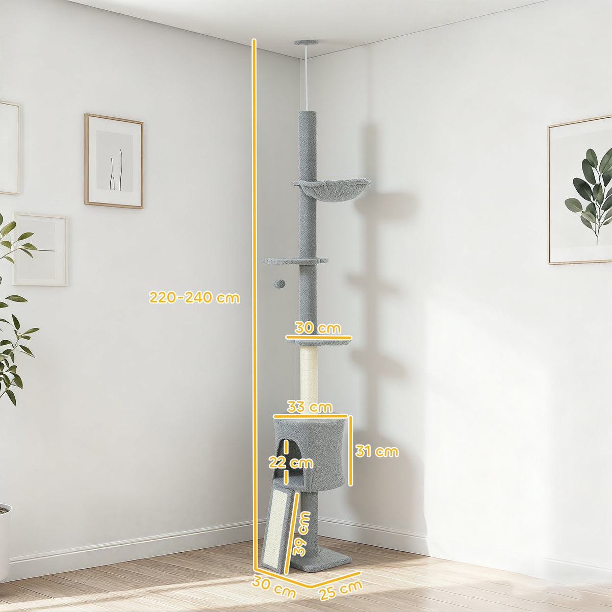 Pawhut Árbol Para Gatos De Suelo A Techo Altura Ajustable 220-240 Cm Gris Claro_2