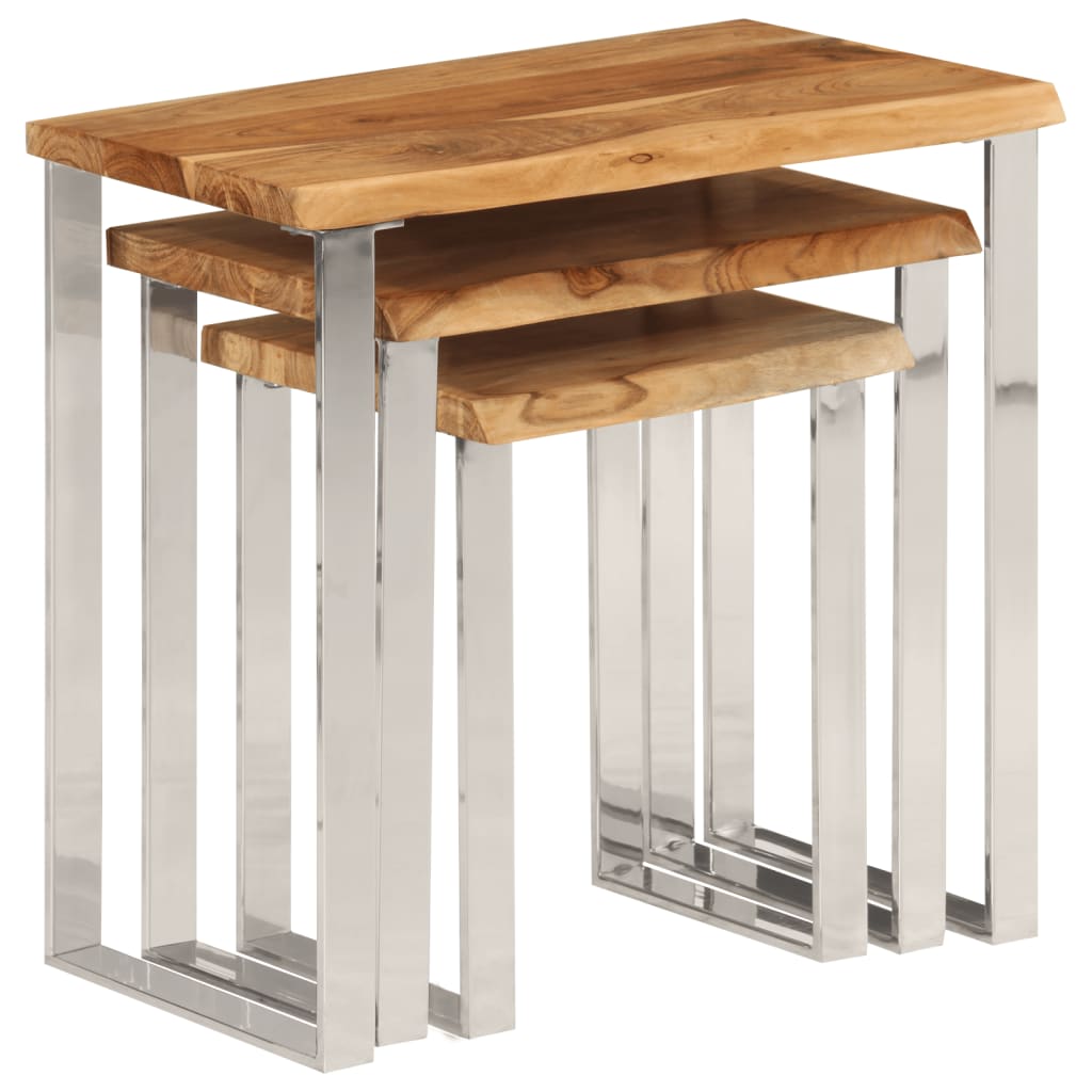 Set De 3 Mesas Apilables Con Borde Natural Madera Maciza Acacia_3