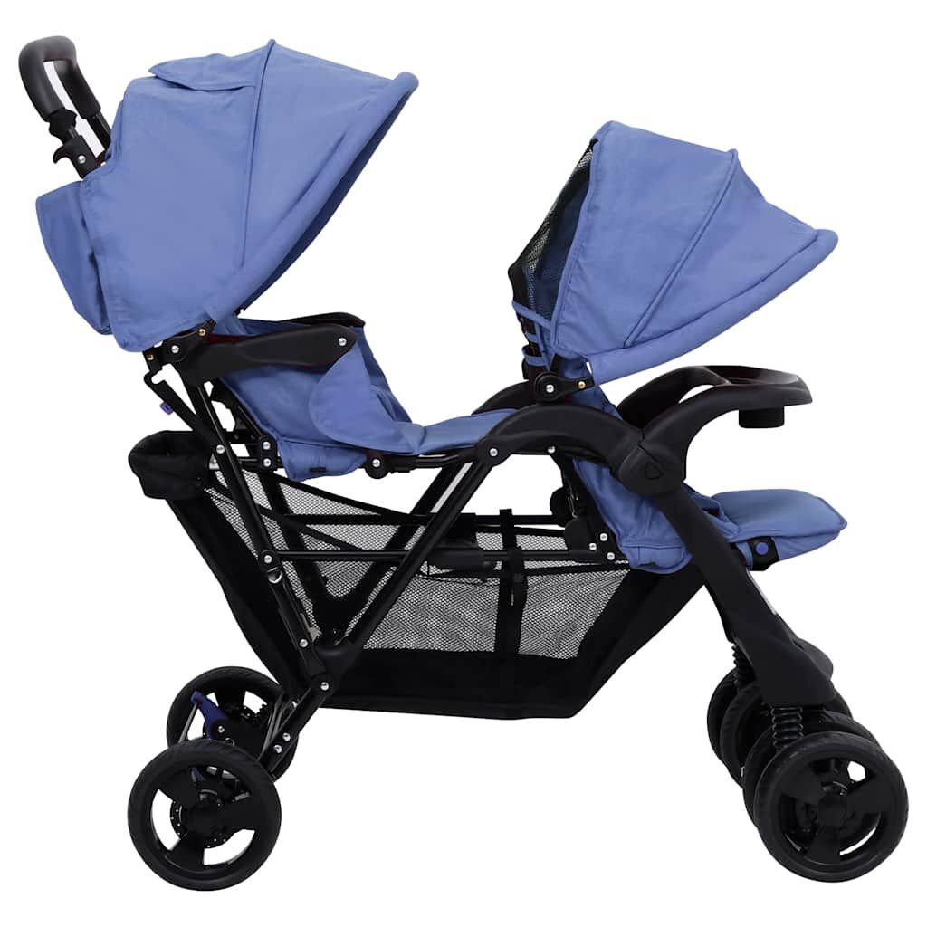Vidaxl Carrito Para Gemelos Tandem De Acero Azul Marino_4