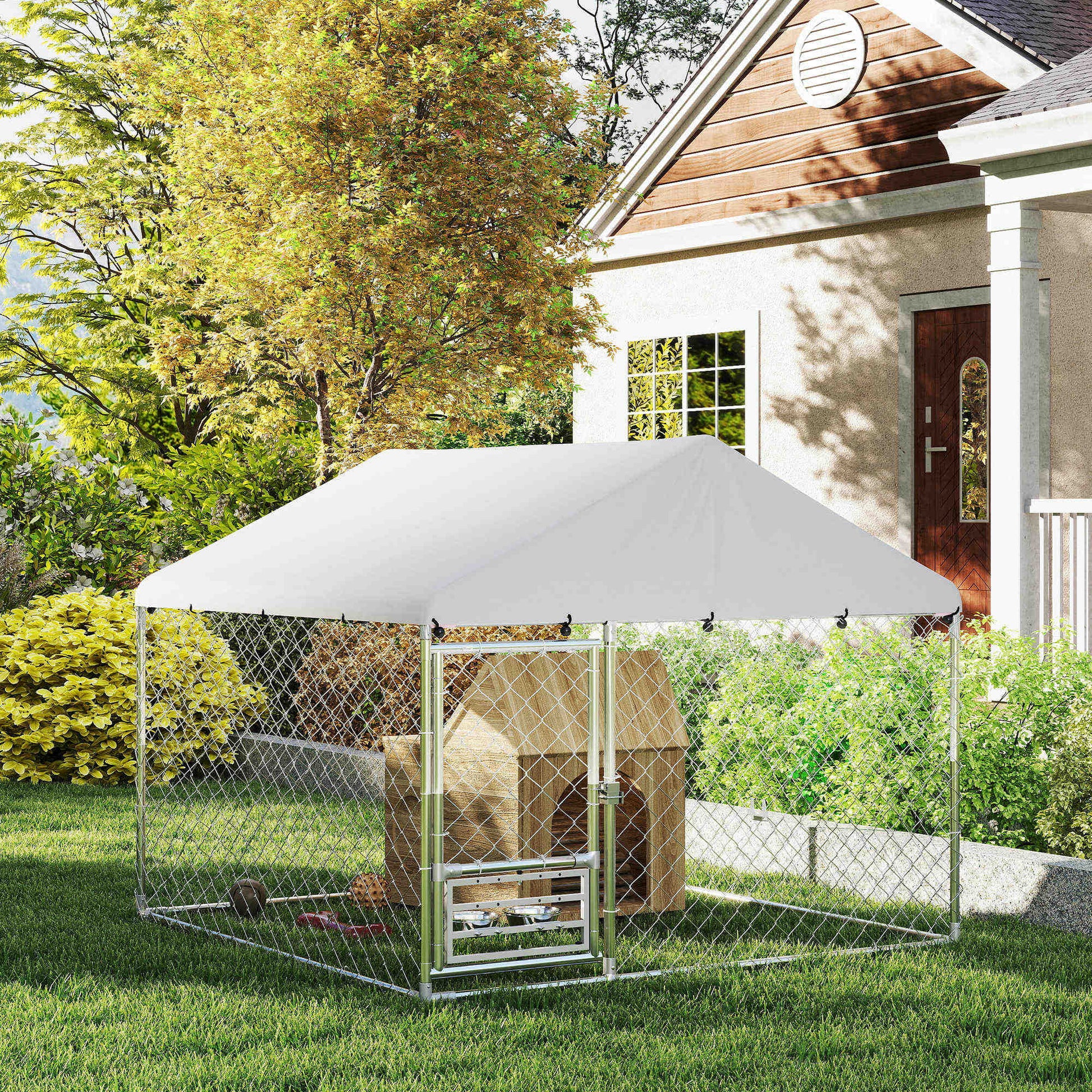Pawhut Perrera Exterior Con Toldo 2x2x1,55 M Con Techo Impermeable_4