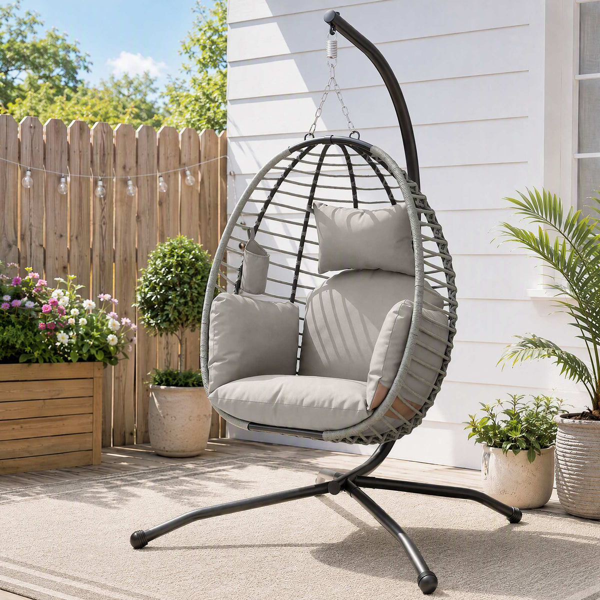 Outsunny Silla Colgante Huevo Con Soporte Cesta Plegable Cojín Gris Y Negro_1