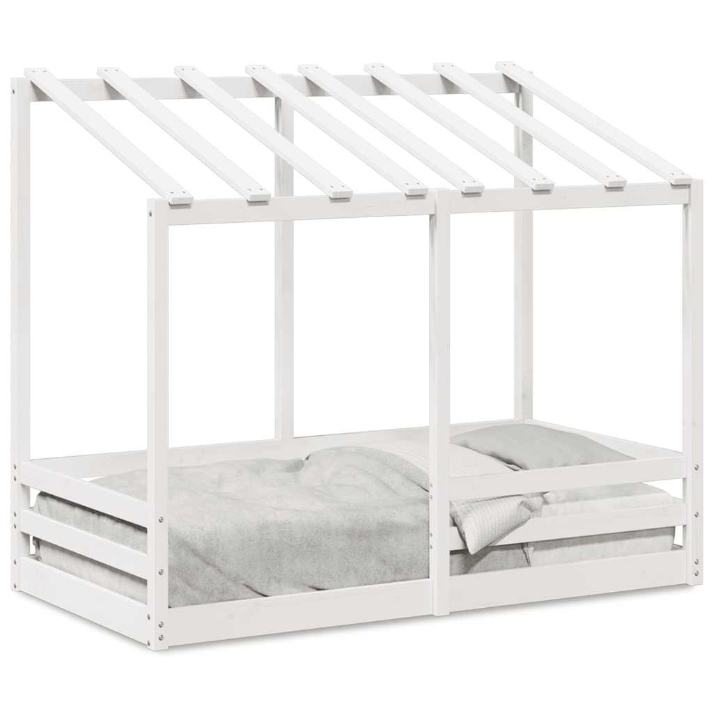 Cama Infantil Con Techo Madera Maciza Pino Blanco 70x140 Cm_0