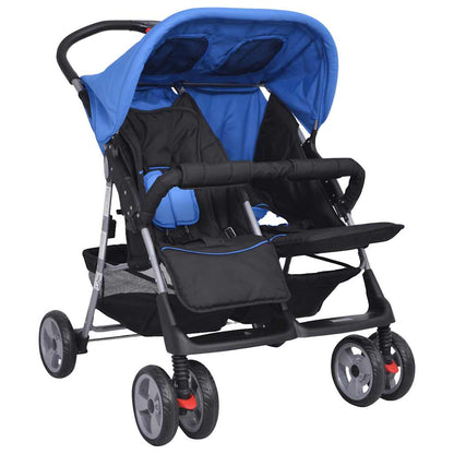 Vidaxl Cochecito Gemelar De Acero Azul Y Negro_4