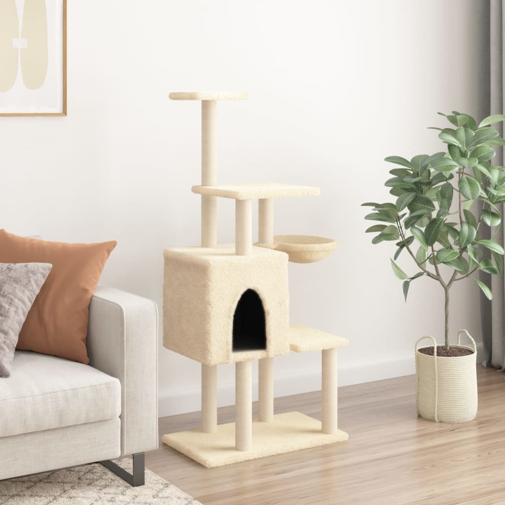Rascador Para Gatos Con Postes De Sisal Crema 131 Cm_2