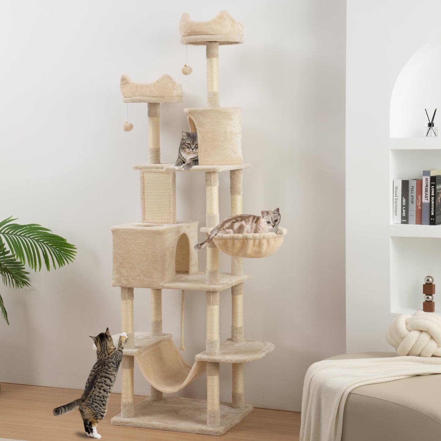 Pawhut Árbol Rascador Para Gatos Grande Altura 206 Cm Con Hamacas Beige_1