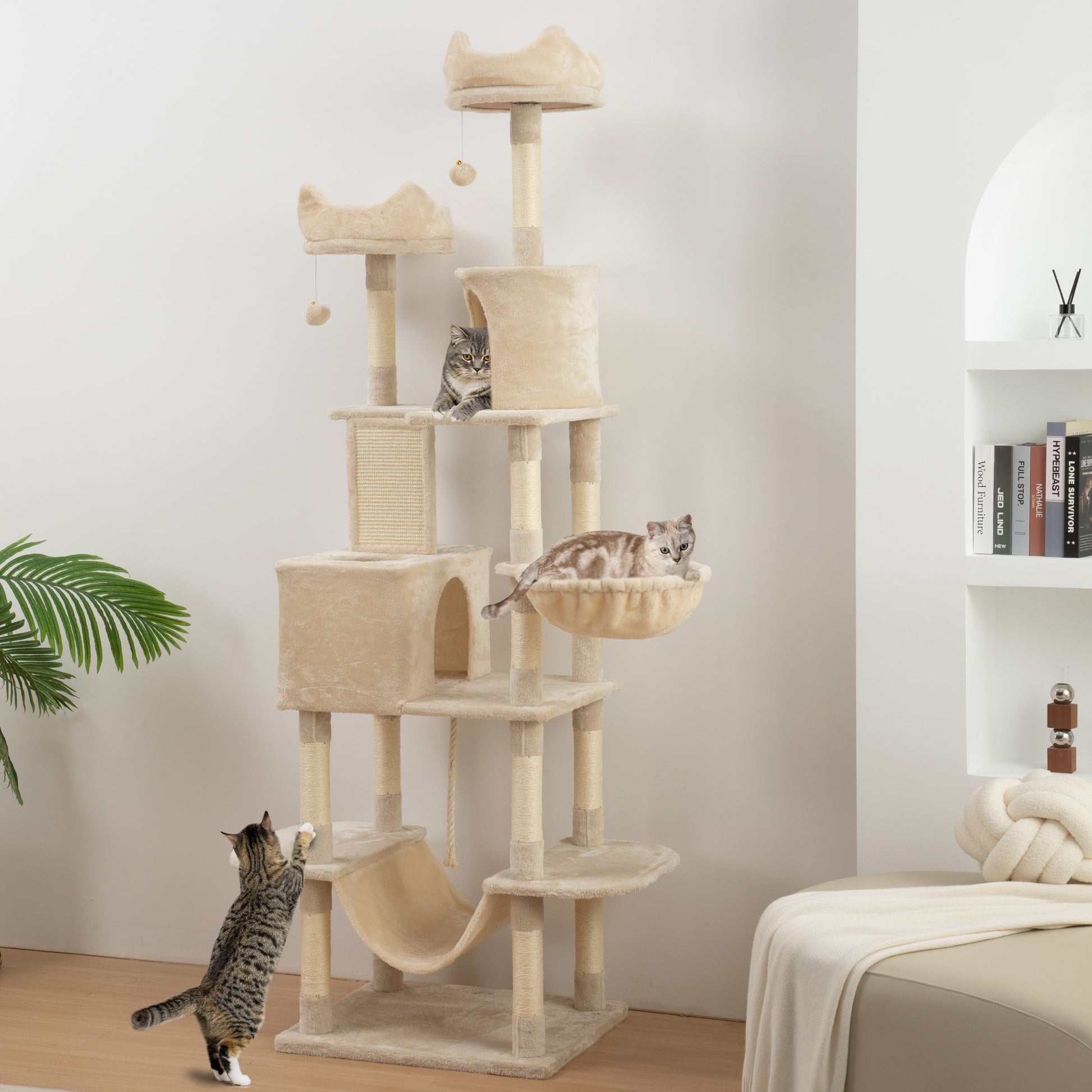 Pawhut Árbol Rascador Para Gatos Grande Altura 206 Cm Con Hamacas Beige_1