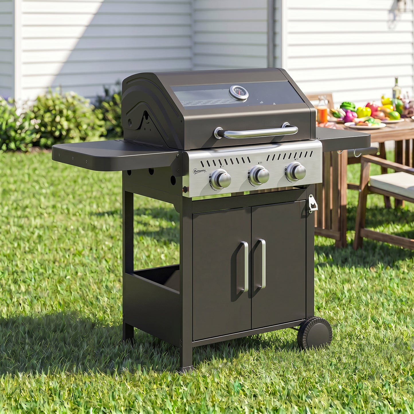 Outsunny Barbacoa De Gas Con 3 Quemadores 7,5 Kw Termómetro Mesas Laterales_3