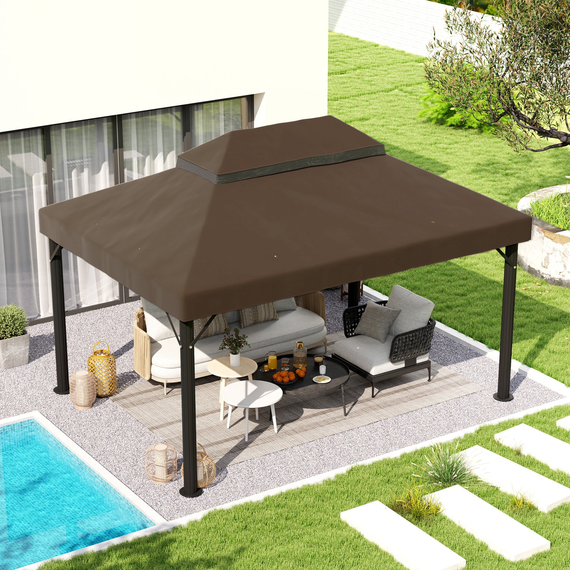 Outsunny Techo De Repuesto Para Cenador 4x3 M Con Techo Doble Café_1