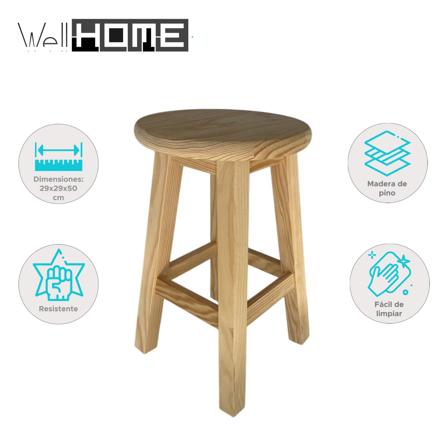 Well Home Taburete de Madera Maciza Redondo Color Natural (29 x 29 x 50 cm)_1